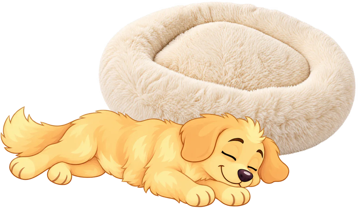 Illustrated golden retriever puppy asleep stretched out on the floor beside an empty cream WOOPF™ Fluffy Shag Calming Round Bed