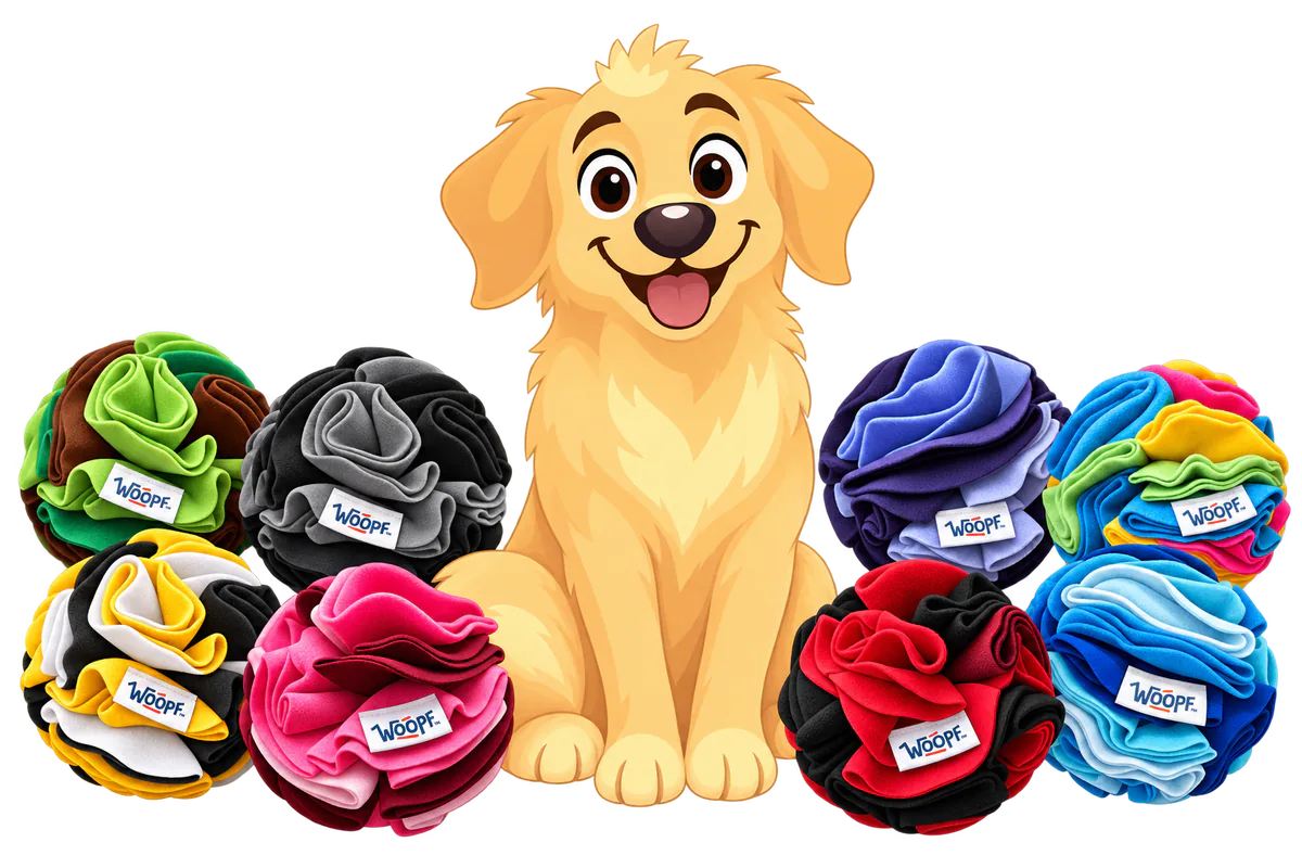 Illustrated golden retriever puppy sitting among snuffle balls in eight colours