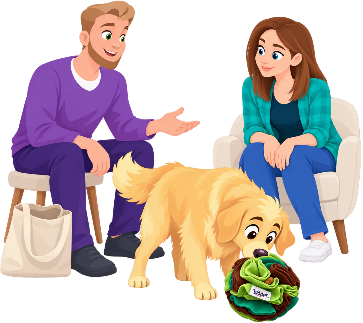 Illustrated golden retriever nosing a Snuffle Ball on the floor while a man and a woman sit and talk, a tote bag by the man's chair