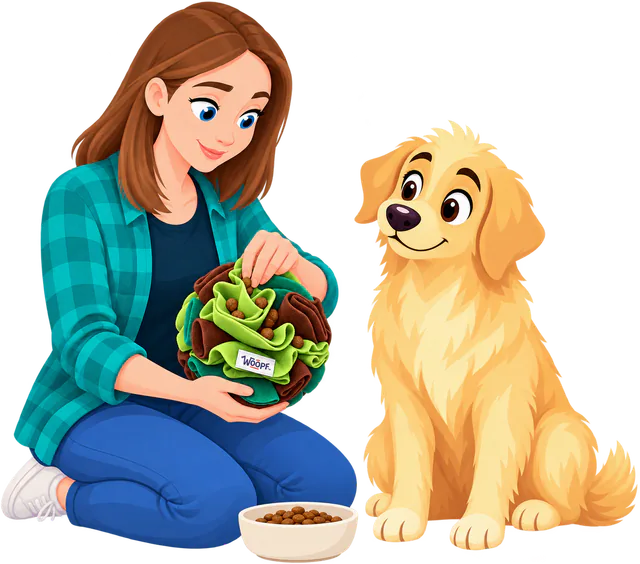 Illustrated woman pushing kibble into the petals of a Snuffle Ball, a bowl of kibble and a golden retriever beside her
