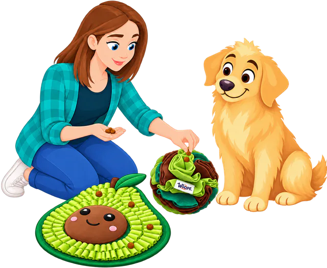 Illustrated woman dropping a few treats on top of an Avocado Snuffle Mat and a Snuffle Ball while a golden retriever watches