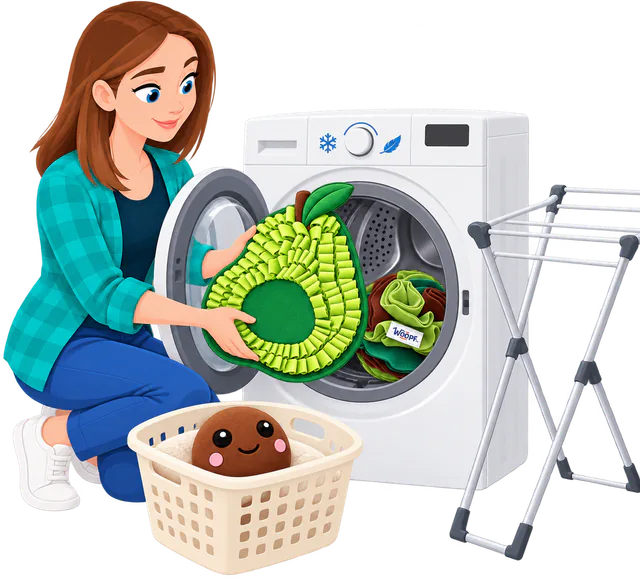 Illustrated woman loading an Avocado Snuffle Mat into a washing machine with a Snuffle Ball, the mat's pit toy off in a laundry basket and a drying rack beside her
