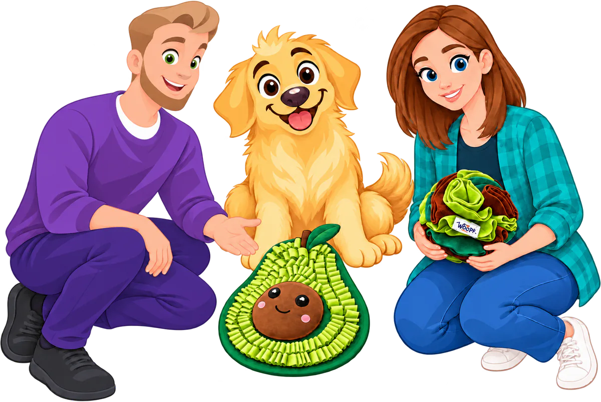 Illustrated man and woman kneeling either side of a golden retriever, an Avocado Snuffle Mat in front of the dog and a Snuffle Ball in the woman's hands