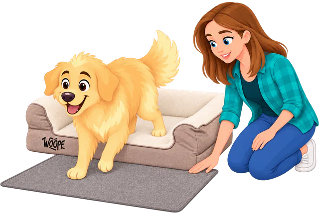 Illustrated golden retriever stepping off a cream SNÖR Vet Orthopedic Bed onto a grey mat a kneeling woman holds flat in front of it