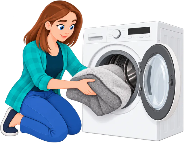 Illustrated woman loading the grey fur cover of a SNÖR Vet Orthopedic Bed into a front-loading washing machine