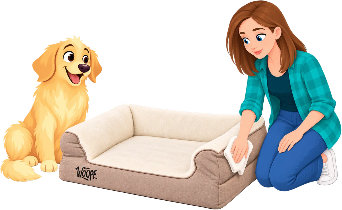 Illustrated woman kneeling to wipe the cover of a cream WOOPF™ SNÖR Vet Orthopedic Bed with a cloth while a golden retriever sits watching