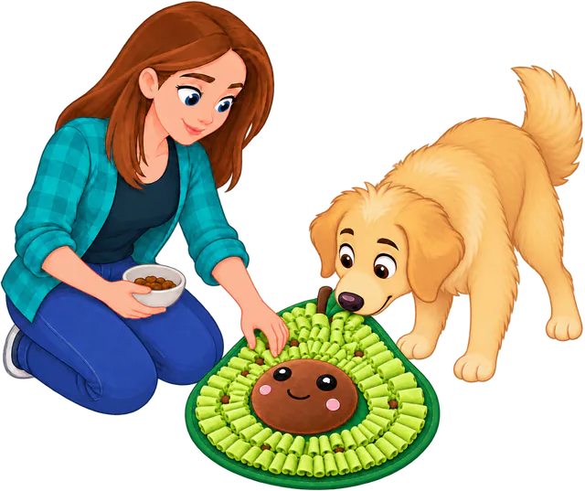 Illustrated woman rubbing kibble down into the folds of an Avocado Snuffle Mat as a golden retriever sniffs along them