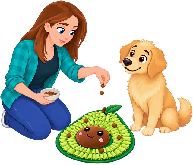 Illustrated woman dropping a few treats on top of an Avocado Snuffle Mat while a golden retriever sits and watches