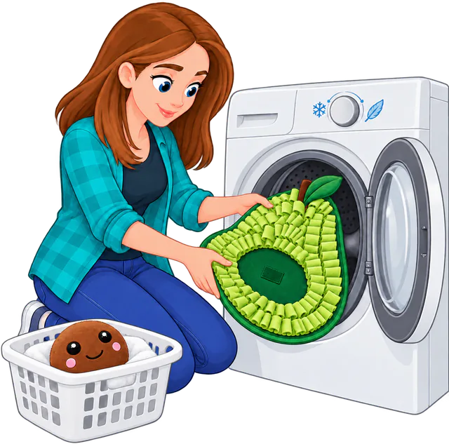 Illustrated woman putting an Avocado Snuffle Mat into a washing machine, its face toy waiting in a laundry basket