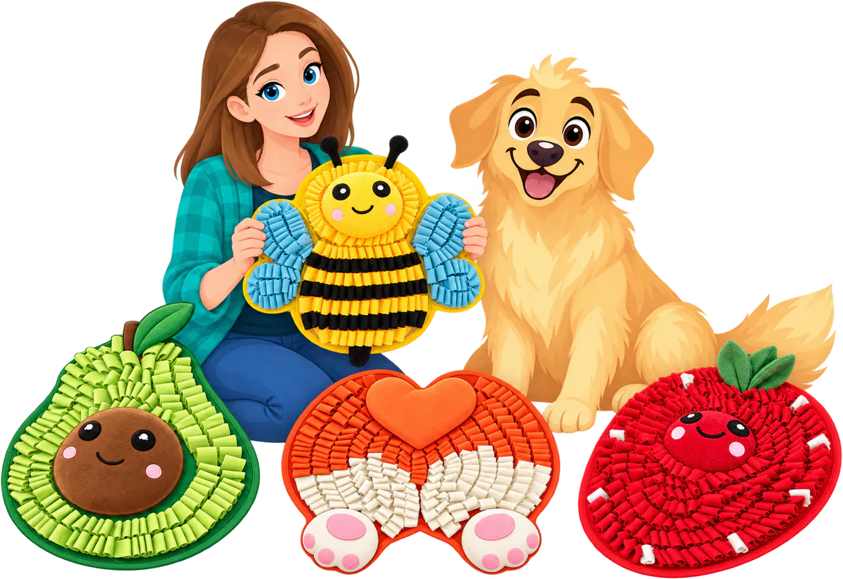 Illustrated woman holding up the Bumble Bee Snuffle Mat beside a golden retriever, with the Avocado, Corgi Butt and Strawberry designs in front of them
