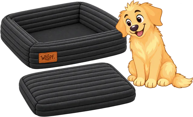 Illustrated black SNÜZ Orthopedic Corduroy Bed with its cushion lifted out beside the frame while the foam recovers, a golden retriever sitting next to it