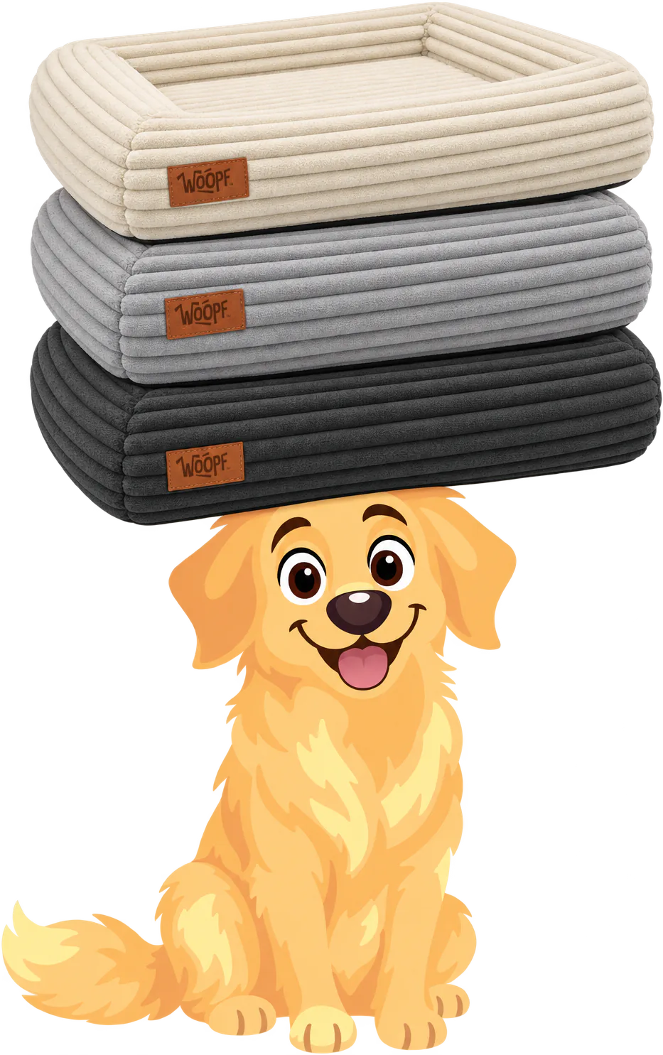 Illustrated golden retriever sitting with three WOOPF™ SNÜZ Orthopedic Corduroy Beds stacked on its head, in Cream, Grey and Black