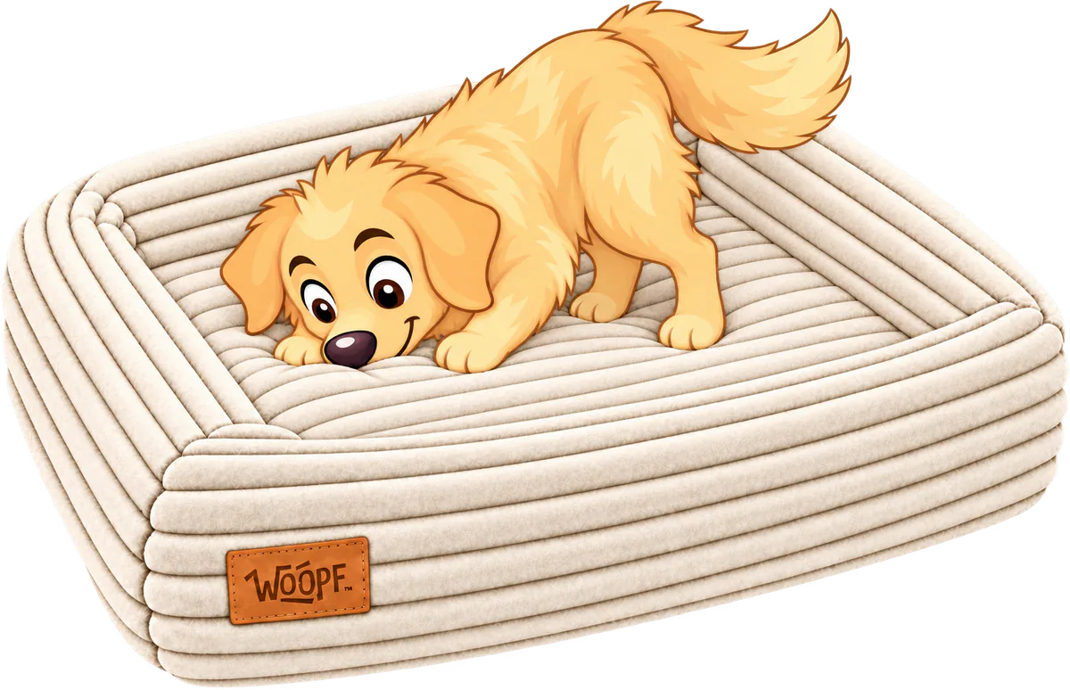 Illustrated golden retriever standing in a cream WOOPF™ SNÜZ Orthopedic Corduroy Bed, pushing its nose into the corduroy cushion