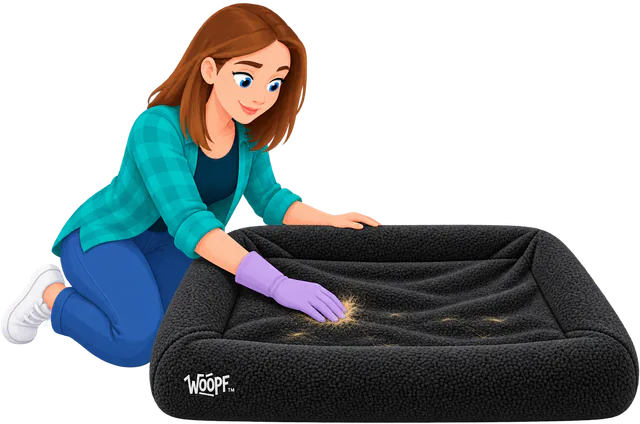Illustrated woman in a rubber glove lifting dog hair off a black fleece cover on a SNÜZ