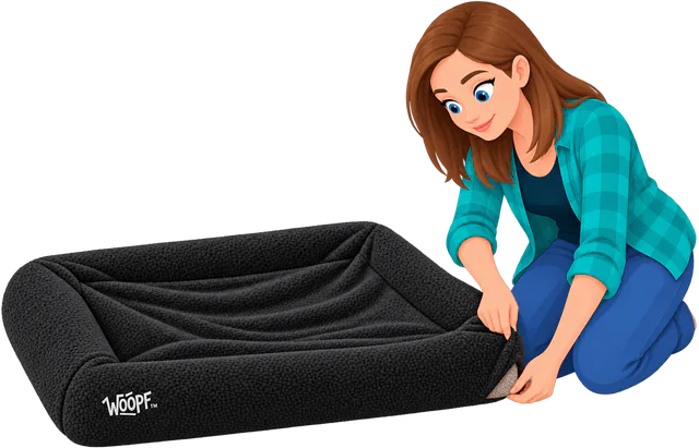 Illustrated woman pulling a black fleece cover down over the front bolster of a SNÜZ