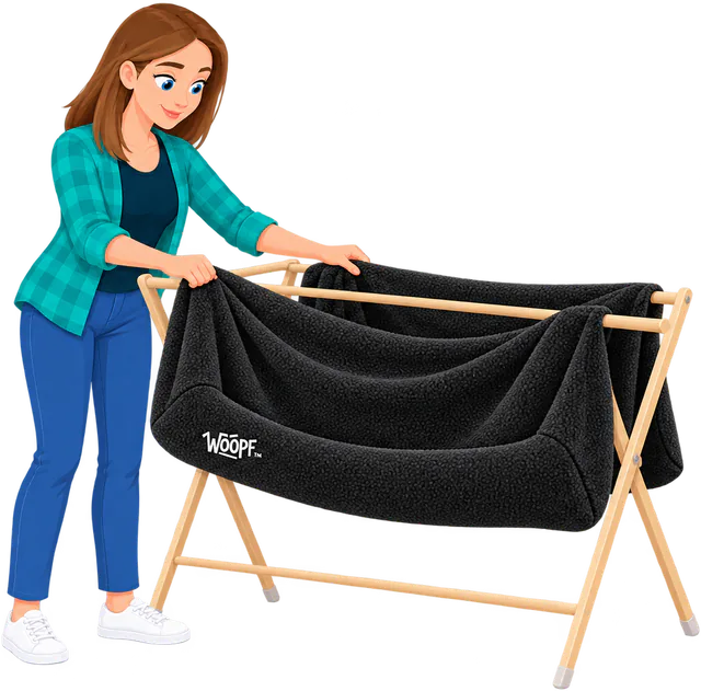 Illustrated woman hanging a black fleece cover over a wooden airer to dry