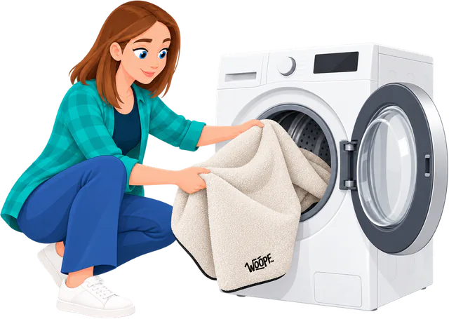 Illustrated woman loading the cream cover of a SNÜZ Vet Orthopedic Bed into a washing machine