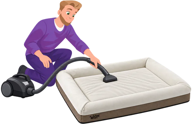 Illustrated man vacuuming the suede of a cream SNÜZ Orthopedic Suede Bed with an upholstery head