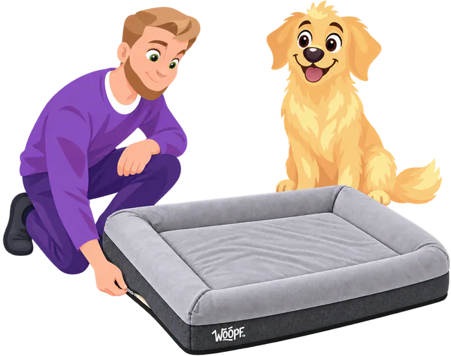 Illustrated man unzipping the cover of a grey SNÜZ Orthopedic Suede Bed while a golden retriever sits and waits