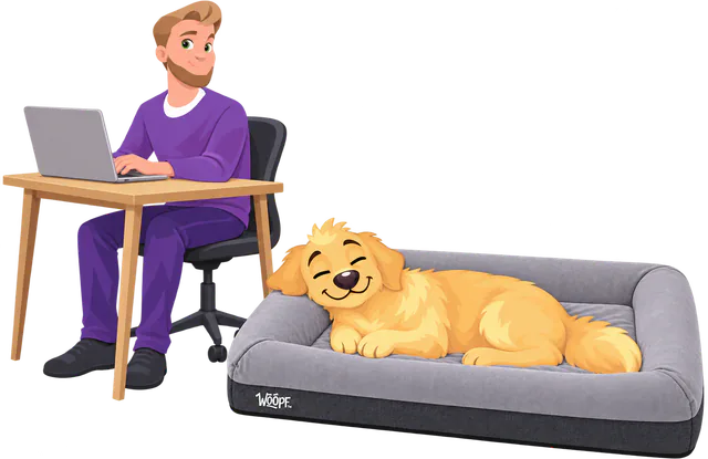 Illustrated golden retriever asleep on a grey SNÜZ Orthopedic Suede Bed beside a man working at a desk