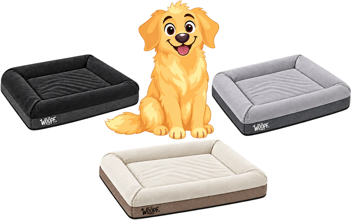 Illustrated golden retriever sitting among SNÜZ Orthopedic Suede Beds in Black, Grey and Cream
