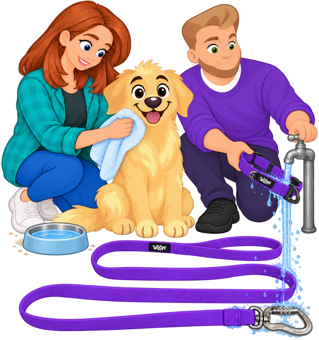 Illustrated man rinsing a purple WOOPF™ Sealskin Collar under an outdoor tap, water running onto the clip of the purple lead, while a woman towels a golden retriever beside a bowl of fresh water