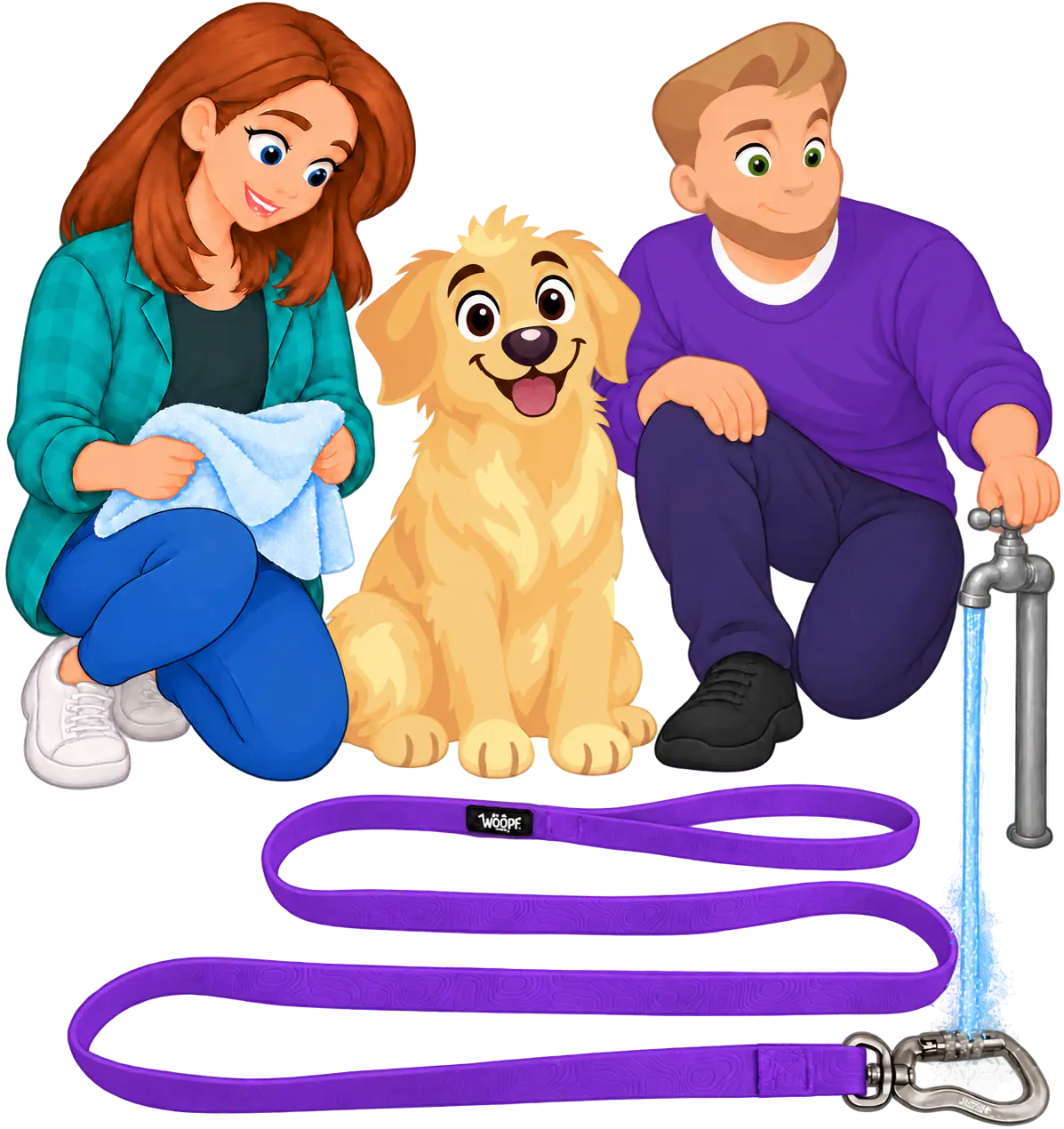 Illustrated man running an outdoor tap over the clip of a purple WOOPF™ Sealskin Leash while a woman holds a towel ready, a golden retriever sitting between them