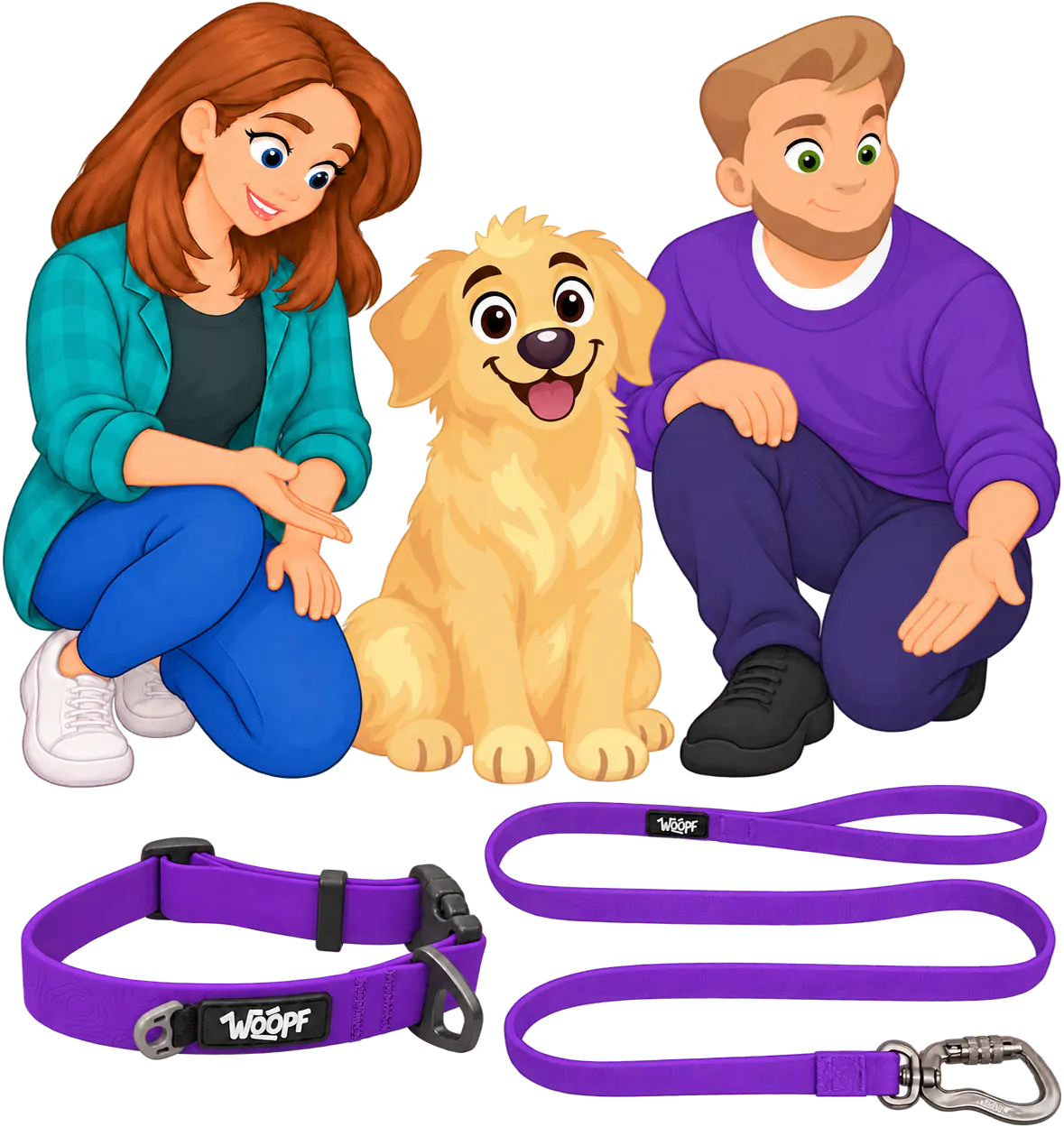 Illustrated woman and man kneeling either side of a sitting golden retriever, showing a purple WOOPF™ Sealskin Collar and a purple Sealskin Leash laid out in front of them