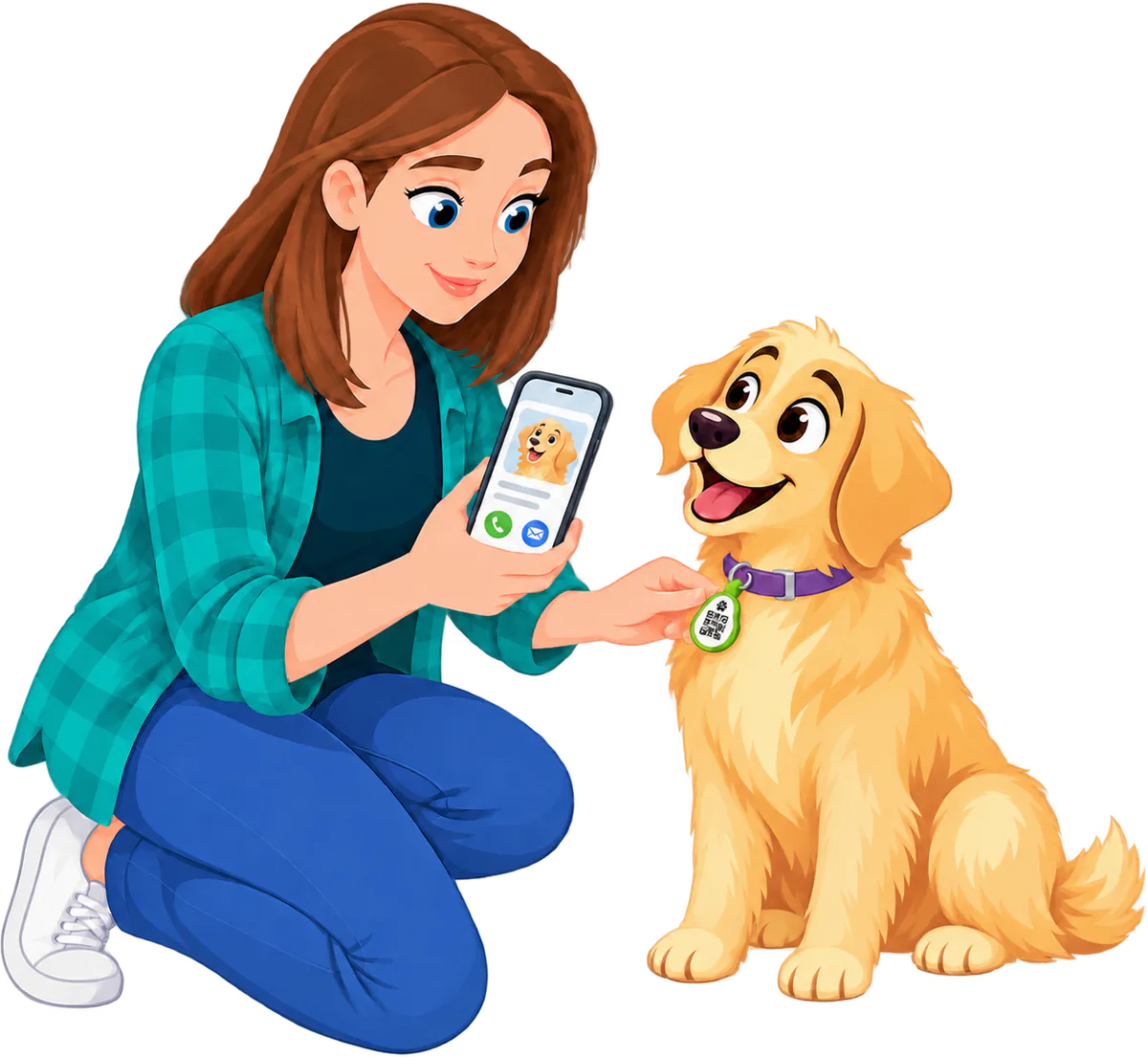 Illustrated woman holding her phone to the Avocado Smart ID Tag on a golden retriever puppy's collar, the dog's profile on the screen