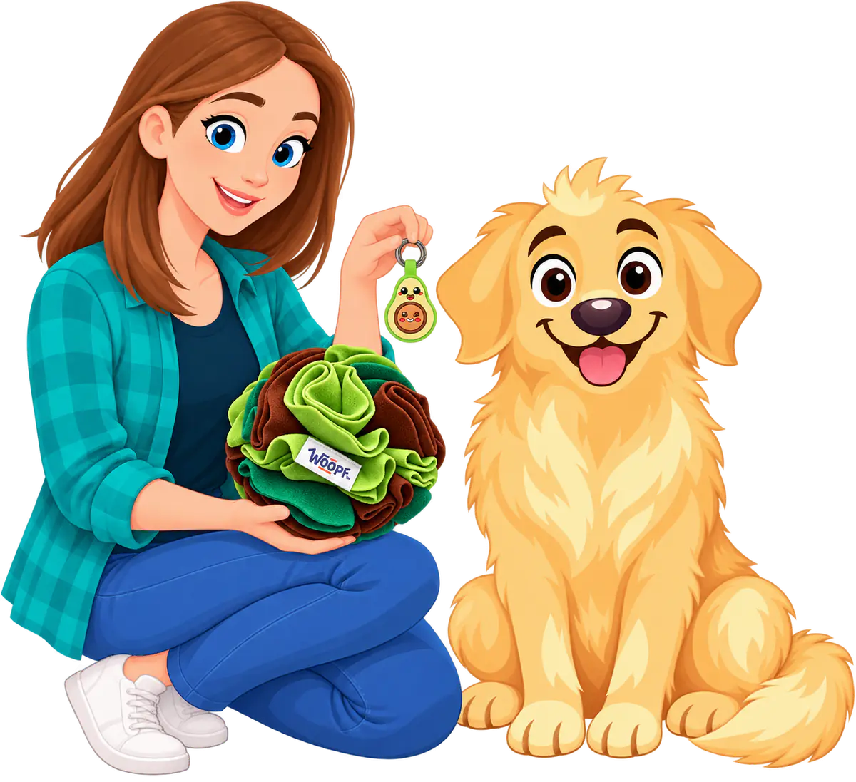 Illustrated woman kneeling with a green Snuffle Ball in one hand and an Avocado Smart ID Tag in the other, a golden retriever sitting beside her