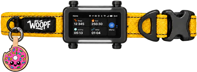 Illustrated yellow WOOPF™ collar with a black tracker on its straps and the Donut tag on the D-ring