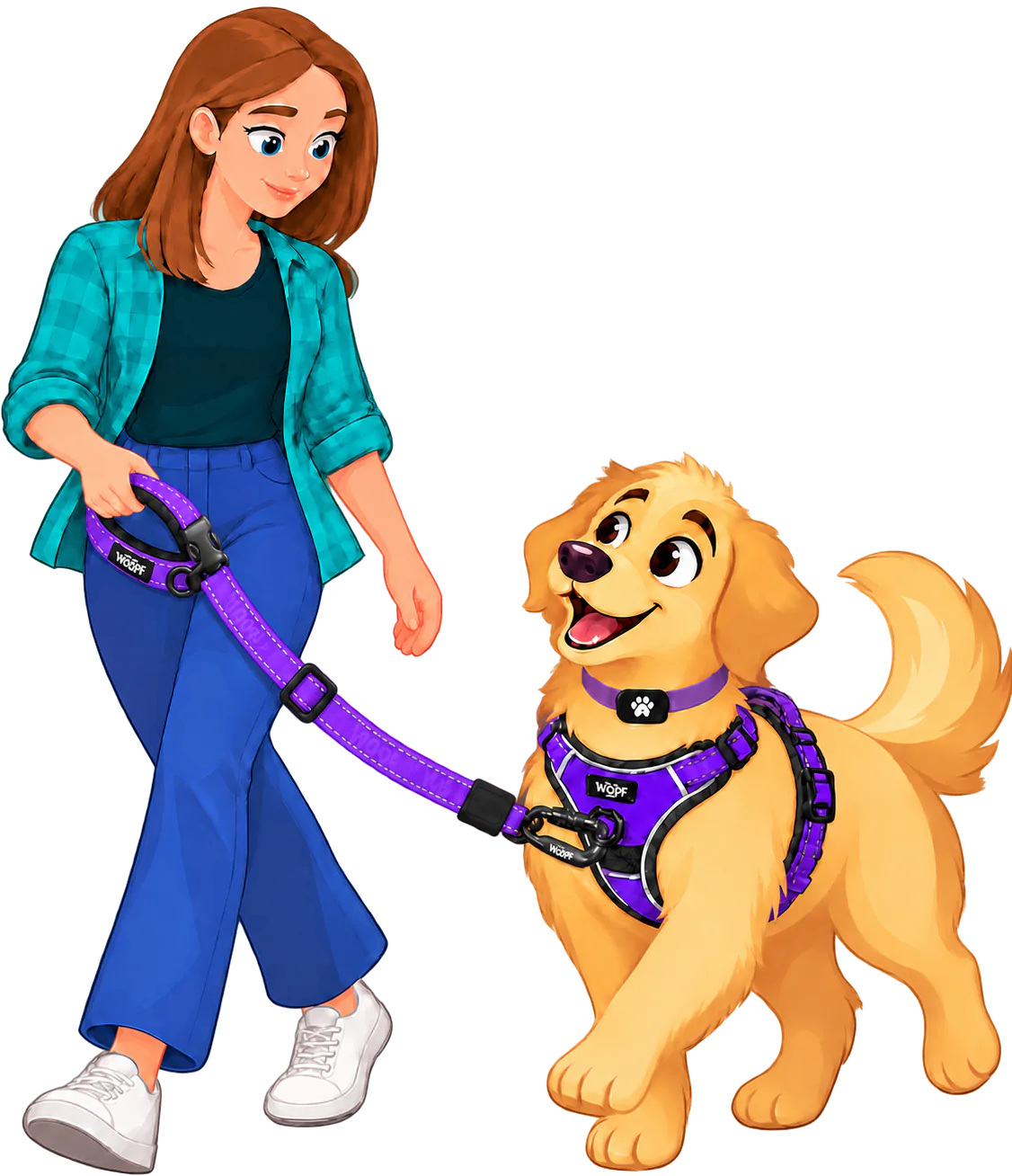 Illustrated woman walking a golden retriever in a purple WOOPF™ Explorer Harness, a purple Explorer Adjustable Leash clipped to the front D-ring on its chest plate and the padded handle in her hand