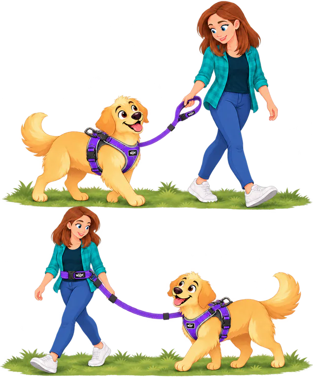 Two illustrated scenes of a woman walking a golden retriever in a purple WOOPF™ Explorer Harness on the grass: the purple lead clipped to the back D-ring and held by its handle, then worn round her waist, hands free