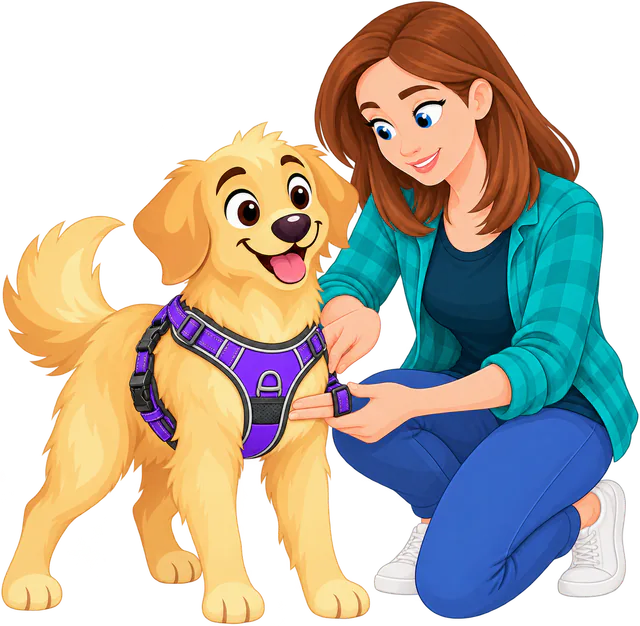 Illustrated woman kneeling to slide two fingers flat under the chest strap of a purple WOOPF™ Explorer Harness on a standing golden retriever, the front D-ring on its breastbone