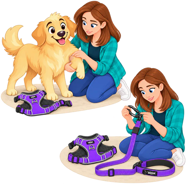Two illustrated scenes: a woman checking behind the front leg of a golden retriever for rubbing, its purple WOOPF™ Explorer Harness off on the floor, then sitting to check the clip of the purple Explorer Adjustable Leash beside the harness