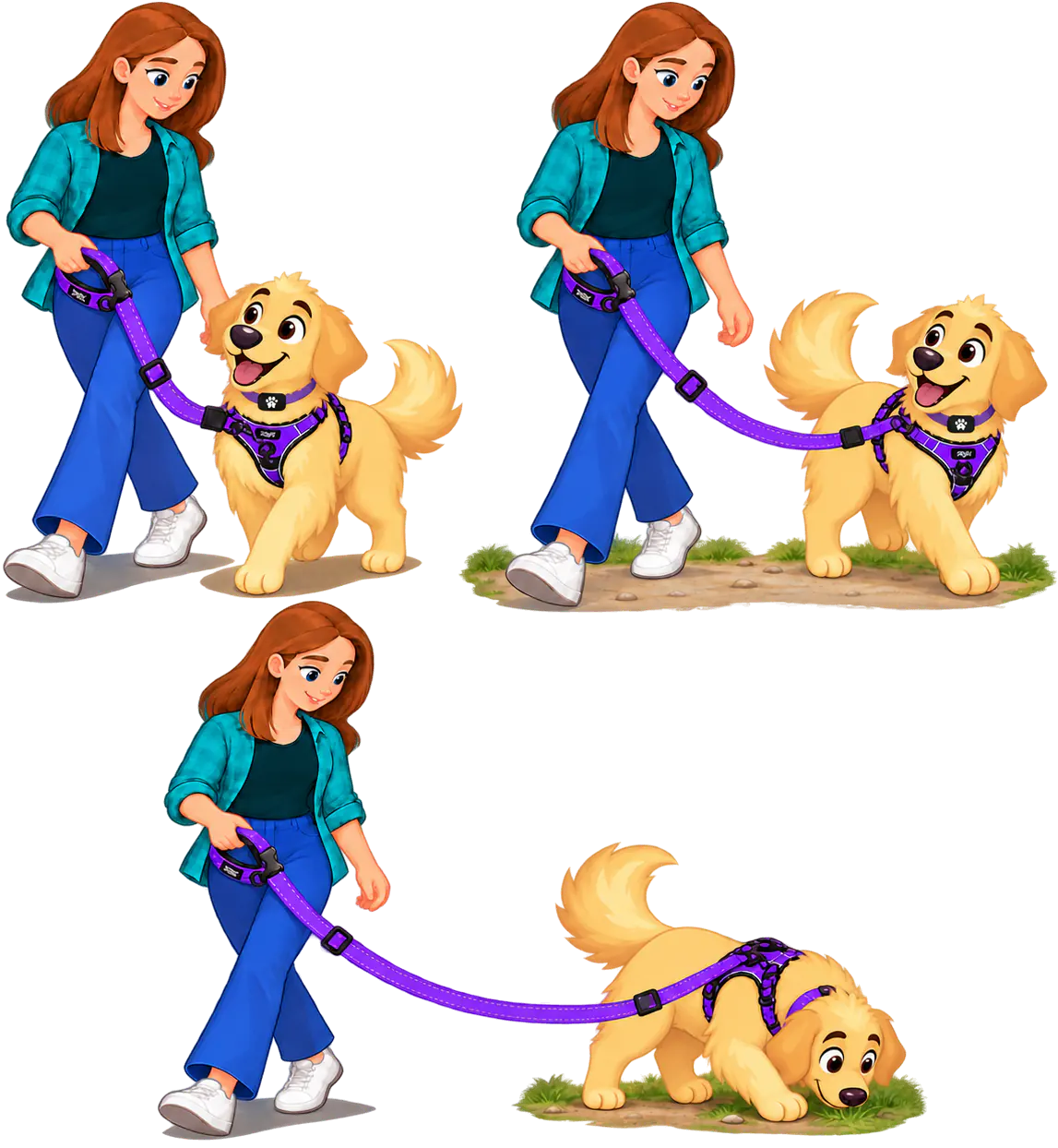 Three illustrated scenes of a woman walking a golden retriever in a purple WOOPF™ Explorer Harness on a purple Explorer Adjustable Leash: the lead short at her knee, then in the middle on a path, then all the way out with the dog's nose in the grass