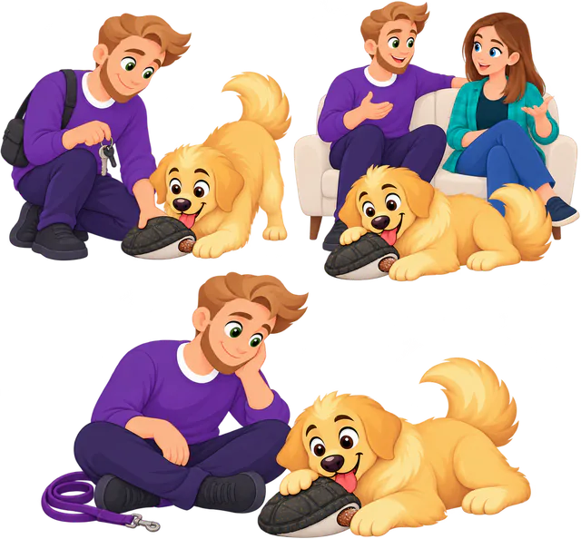 Illustrated golden retriever working a stuffed WOOPF™ Chewster Turtleshell as a man picks up his keys, as a couple talk on the sofa, and after a walk with the lead on the floor