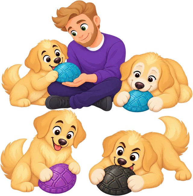 Illustrated man sitting cross-legged, holding a Blue WOOPF™ Chewster Turtleshell for a puppy, with a senior dog on Blue, an adult on Purple and a big dog on Black