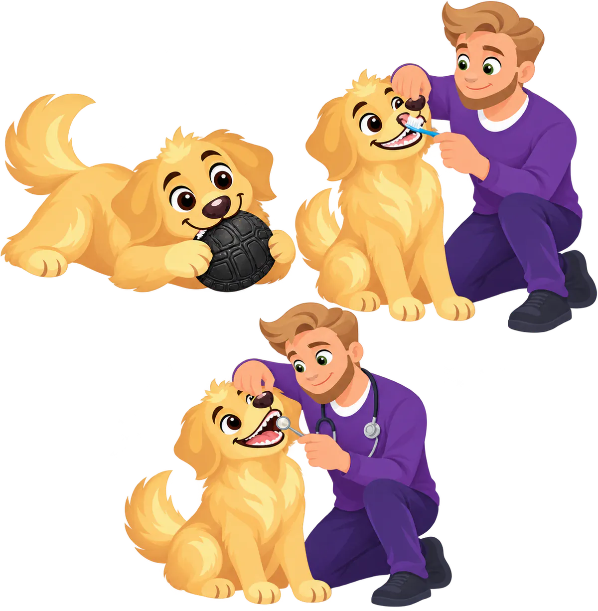 Illustrated golden retriever chewing a black WOOPF™ Chewster Turtleshell, then a man brushing its teeth and looking at them with a mouth mirror, a stethoscope round his neck
