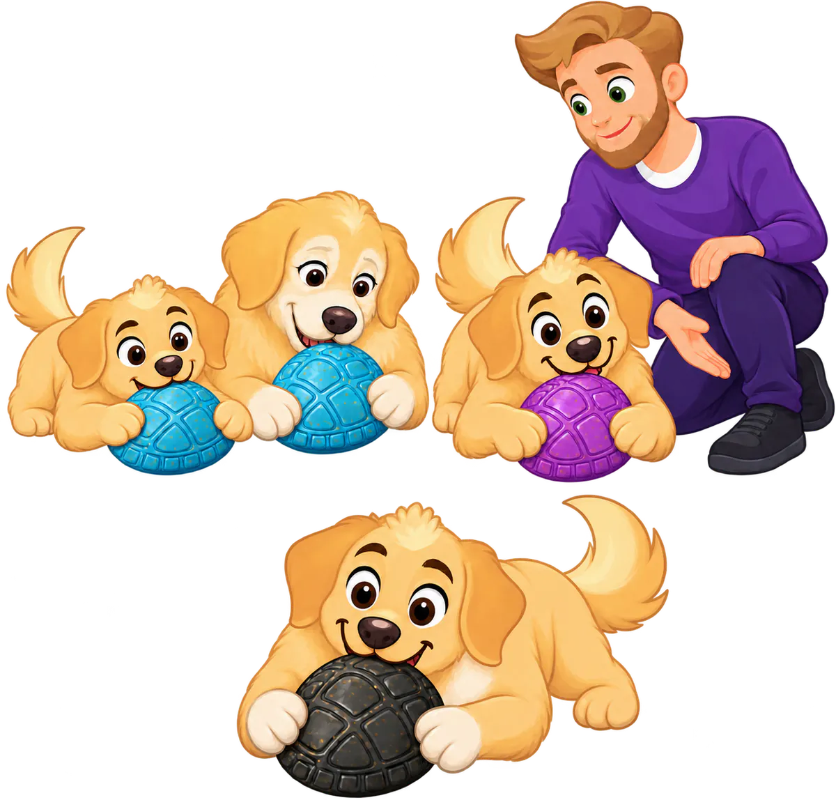 Illustrated golden retrievers with the three WOOPF™ Chewster Turtleshells: a puppy and a senior on Blue Soft, an adult on Purple Standard beside a kneeling man, and a big dog on Black Hard