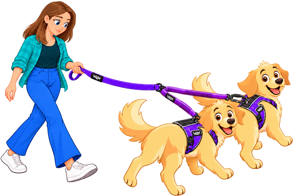Illustrated woman walking two golden retrievers in purple Explorer Harnesses, the Two Dog Walker clipped to the purple lead in her hand