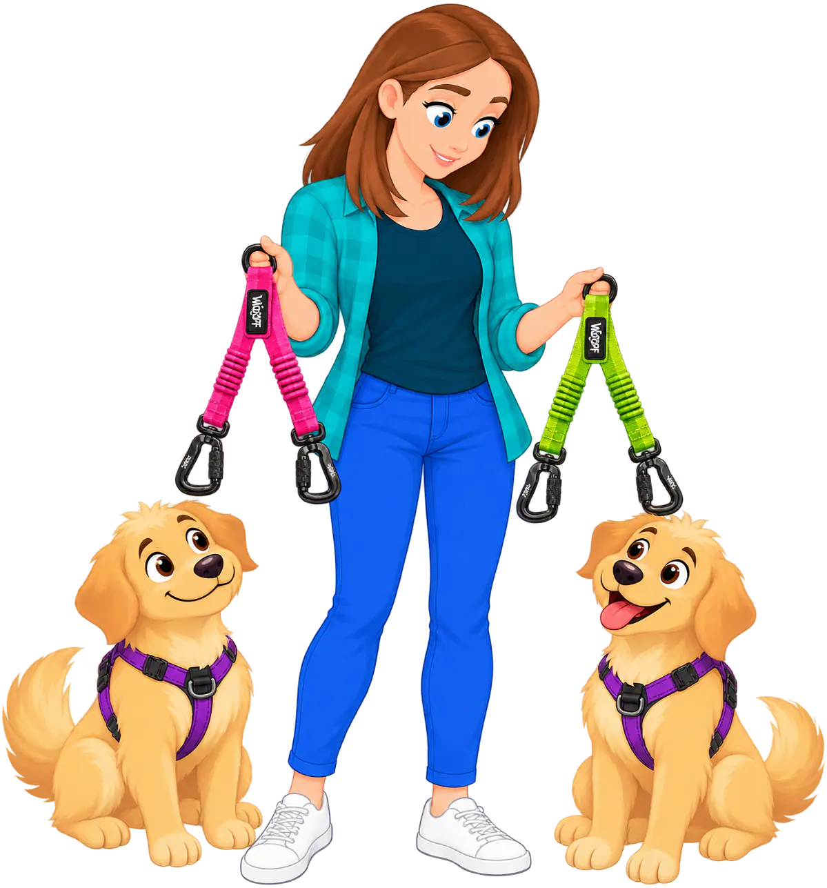 Illustrated woman standing between two harnessed golden retrievers, holding up a pink Two Dog Walker in one hand and a green one in the other