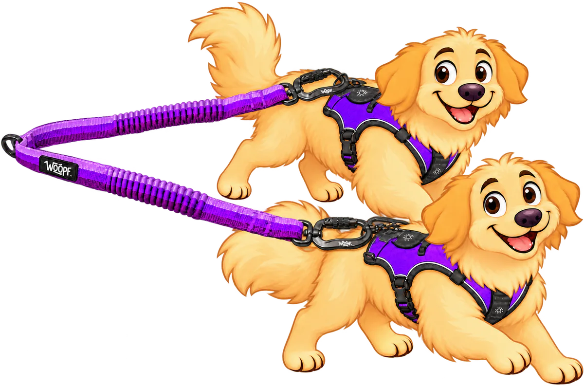 Illustrated two golden retrievers in purple Explorer Harnesses trotting on the purple Two Dog Walker, a twist-lock swivel clip on each harness back ring
