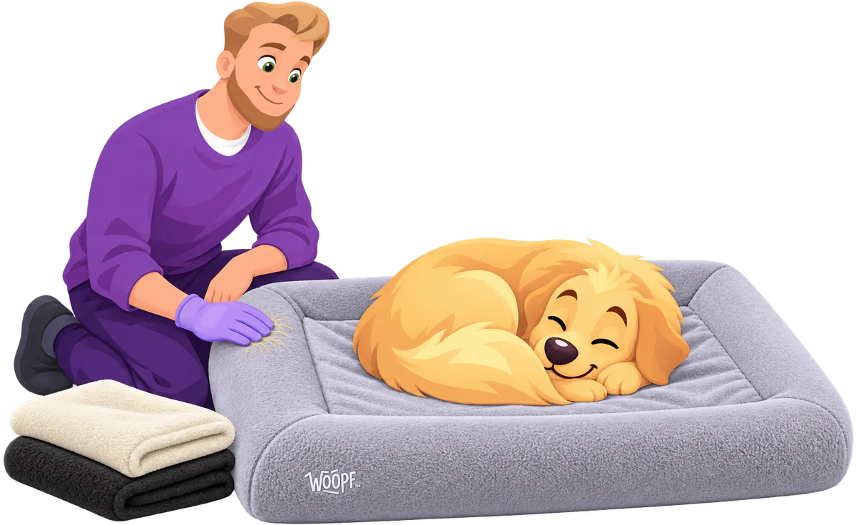 Illustrated golden retriever curled up asleep on a grey faux fur cover over a WOOPF™ SNÜZ, a man kneeling beside it with a cream and a black cover folded on the floor