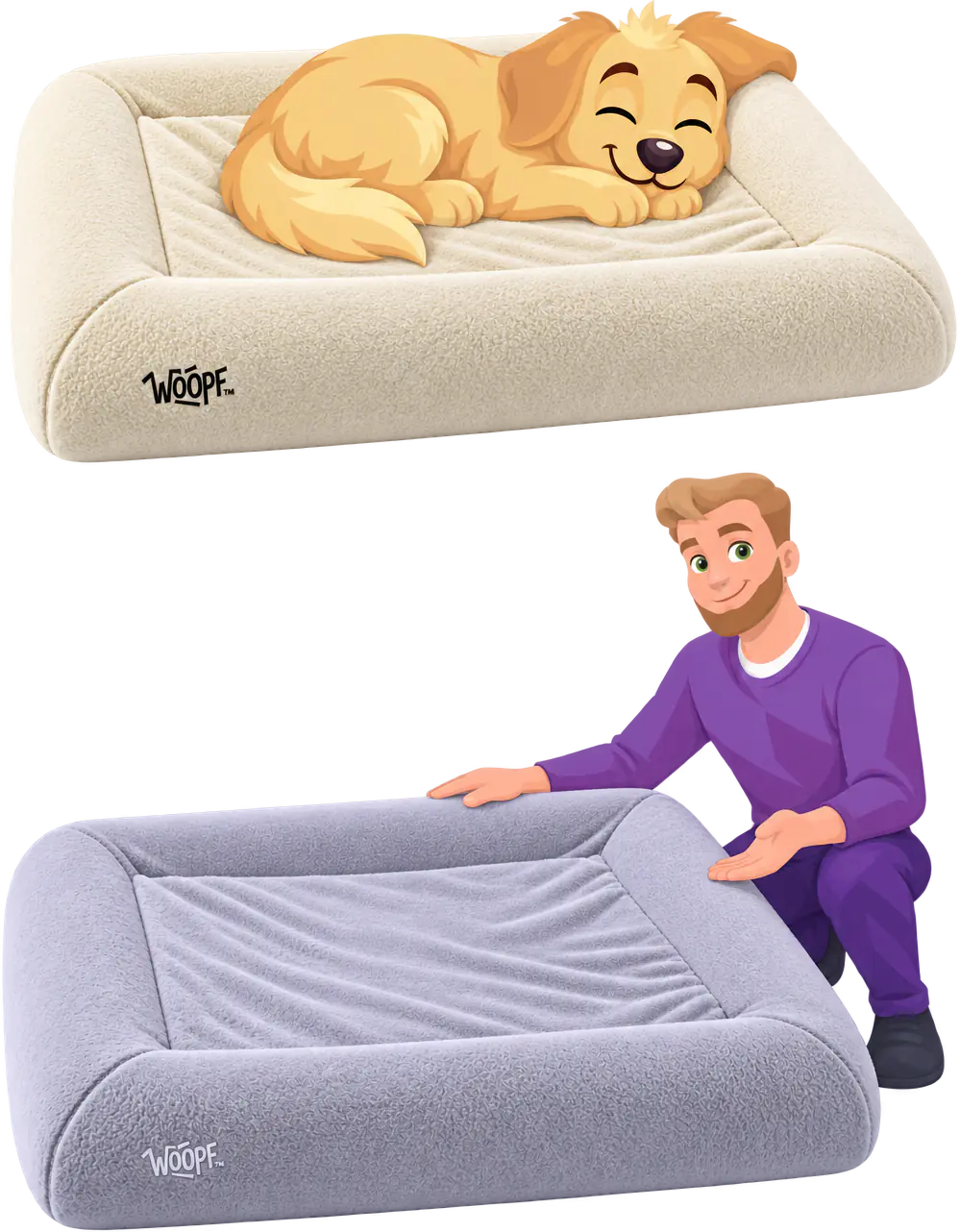 Illustrated golden retriever asleep on a cream WOOPF™ SNÜZ in its faux fur cover, above a man kneeling beside a grey SNÜZ in its own