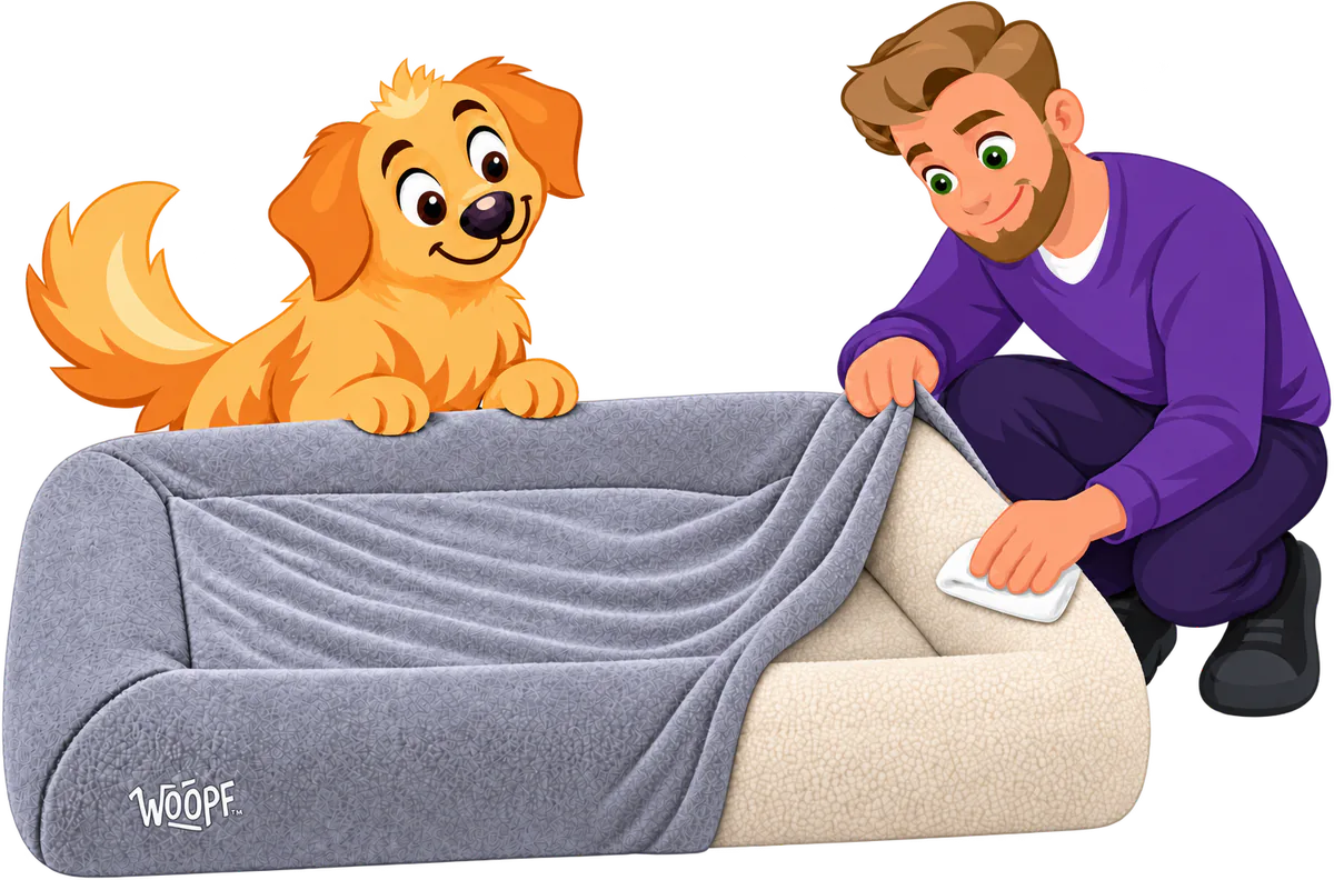 Illustrated man lifting the corner of a grey faux fur cover to wipe a wet patch on the bed's own cover underneath, a golden retriever watching over the bolster