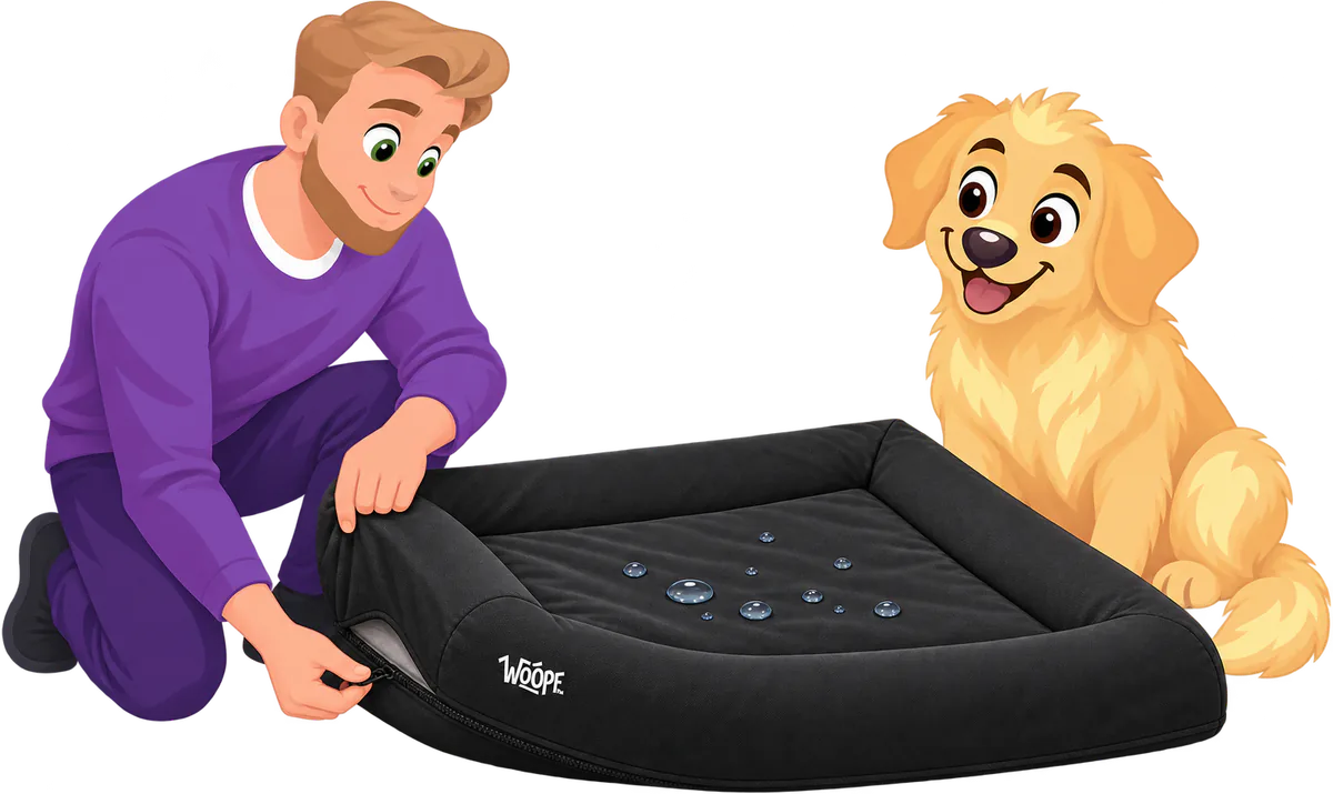 Illustrated man lifting the corner of a black WOOPF™ waterproof cover on a SNÜZ to show the zip, water beaded on top, a golden retriever sitting beside