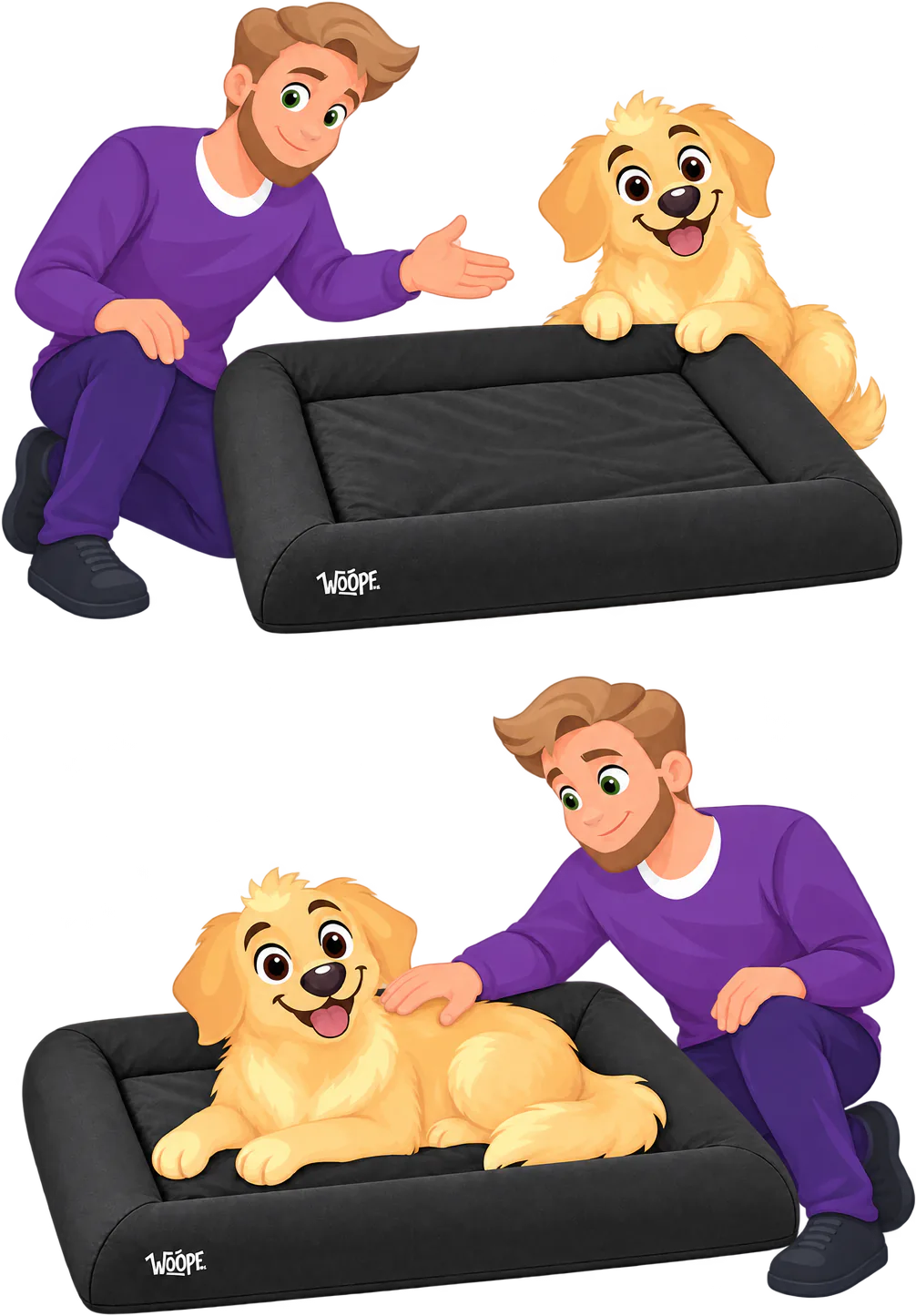 Illustrated man kneeling beside a WOOPF™ SNÜZ in its black waterproof cover, a golden retriever's paws on the bolster, above the dog lying on the covered bed while the man pats it