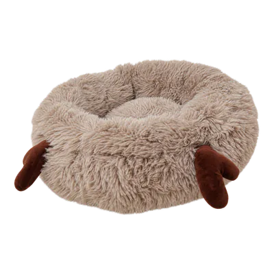 Cream Fluffy Shag Calming Round Bed with Antlers