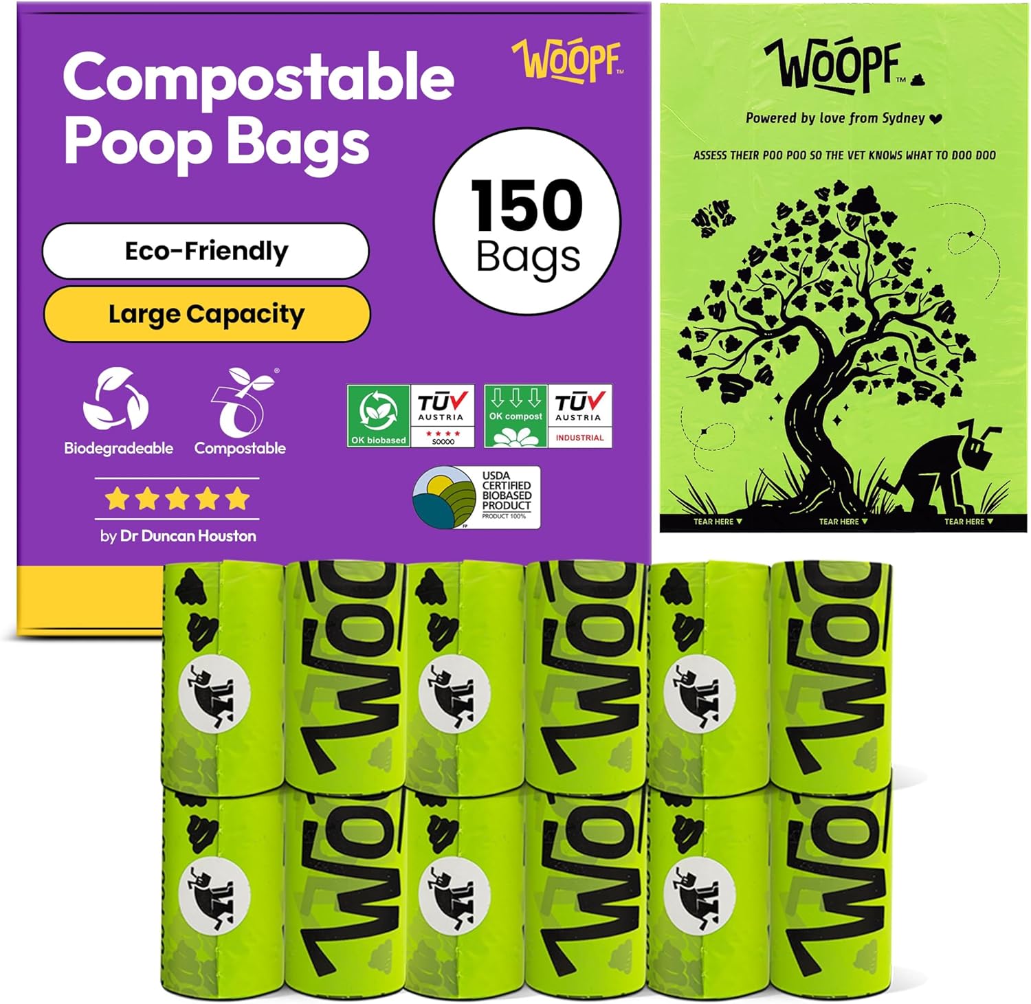 100% COMPOSTABLE BIODEGRADABLE DOG POOP BAGS - 13x9 inch, 25 Microns Thick, Certified Home Compostable, Leak-Proof & Durable, Plastic-Free, Eco-Friendly Pet Waste Bags